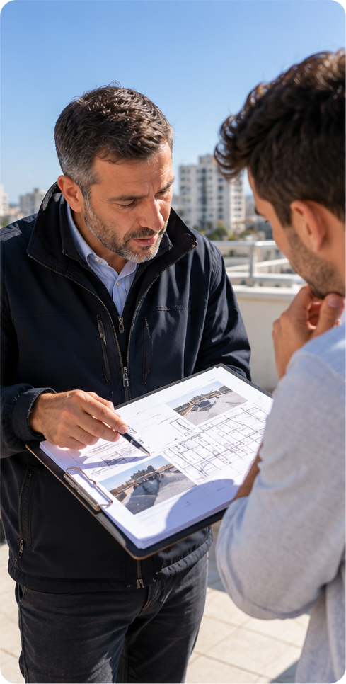 יועץ איטום מסביר ממצאי אבחון ללקוח